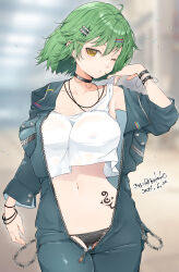  adjusting_hair ahoge ass_visible_through_thighs bangle black_bracelet black_choker black_panties blue_jumpsuit blurry blurry_background blush bracelet breasts chains choker collarbone covered_nipples crop_top curvy female green_hair hair_between_eyes hair_ornament hairclip highres hikage_(senran_kagura) hip_tattoo jewelry jumpsuit kinako_(mzknk0) large_breasts long_sleeves looking_at_viewer midriff navel necklace one_eye_closed panties senran_kagura senran_kagura_shoujo-tachi_no_shin&#039;ei short_hair snake_tattoo solo standing stomach studded_bracelet tank_top tattoo thigh_gap underwear unzipped wet_lens white_tank_top yellow_eyes 