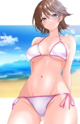  absurdres beach bikini blue_eyes blue_sky breasts brown_hair cloud commentary_request day female hiei_(kancolle) highres horizon kantai_collection large_breasts nitamako_(sakamalh) ocean outdoors short_hair side-tie_bikini_bottom sky smile solo swimsuit white_bikini 