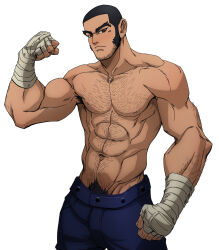  1boy absurdres armpit_hair armpit_hair_peek bandaged_arm bandages bara beard_stubble biceps black_hair buzz_cut cowboy_shot facial_hair flexing fokma_(zoisek1) golden_kamuy hairy highres long_sideburns looking_at_viewer male_focus mature_male muscular muscular_male pectorals pubic_hair pubic_hair_peek short_hair sideburns solo sparse_arm_hair sparse_chest_hair standing stubble tanigaki_genjirou thick_eyebrows topless_male very_short_hair 