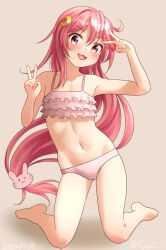  alternate_costume bikini brown_background crescent crescent_hair_ornament female frilled_bikini frills full_body hair_ornament kantai_collection kneeling long_hair looking_at_viewer low-tied_long_hair navel one-hour_drawing_challenge open_mouth pink_bikini pink_hair rabbit_hair_ornament ray.s red_eyes smile solo swimsuit uzuki_(kancolle) v 