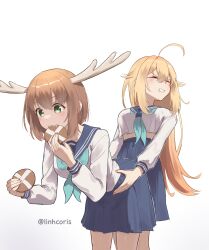  2girls absurdres antlers blonde_hair blue_neckerchief blue_sailor_collar brown_hair closed_eyes closed_mouth deer_antlers deer_cracker deer_girl dry_humping frottage grinding highres holding horns humping koshi_torako linhcoris long_hair long_sleeves multiple_girls neckerchief sailor_collar school_uniform shikanoko_noko shikanoko_nokonoko_koshitantan shirt short_hair skirt white_shirt 