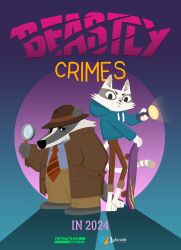  absurd_res anthro badger badgercat beastly_crimes beastly_crimes_(2024) biped black_nose bottomwear chief_badger clothing detective domestic_cat duo english_text felid feline felis hat headgear headwear hi_res magnifying_glass male mammal mustelid musteline necktie official_art pants poster poster_template shirt skateboard slightly_chubby text topwear unknown_artist vehicle white_body 