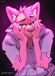  2024 5_fingers anthro biped canid canine closed_eyes clothing face_hugging fingers fox fur hi_res hoodie lemeonfox male mammal pink_body pink_fur purple_clothing purple_hoodie purple_topwear slim_anthro slim_male solo topwear 