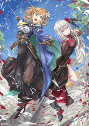  2girls black_dress black_footwear black_pantyhose blood_princess_(goblin_slayer) blue_sky breasts brown_gloves cleavage dress falling_feathers feathers flower gloves goblin_slayer! goblin_slayer-another_adventurer-nightmare_feast green_eyes grey_hair guild_master_(goblin_slayer) hair_between_eyes hair_flower hair_ornament high_heels highres holding holding_sword holding_weapon light_brown_hair long_hair looking_at_viewer medium_breasts multiple_girls murota_yuuhei nightgown official_art open_mouth outdoors pantyhose red_eyes see-through see-through_cleavage short_hair single_bare_leg sky sword teeth upper_teeth_only weapon 