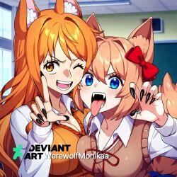  ai_generated classroom claws doki_doki_literature_club fangs female female_only group_picture nami nami_(one_piece) one_piece sayori sayori_(doki_doki_literature_club) stable_diffusion were werewolf werewolf_girl 