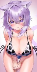  animal_ear_fluff animal_ears animal_print bare_shoulders bent_over bikini blush breasts cat_ears cat_girl cat_tail cleavage cow_print cowboy_shot female hair_between_eyes highres hololive huge_breasts medium_hair nekomata_okayu print_bikini purple_eyes purple_hair purple_tail side-tie_bikini_bottom solo swimsuit tail toketa_neko virtual_youtuber 