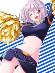  absurdres breasts cheerleader crop_top female gridman_universe gridman_universe_(film) highres holding holding_pom_poms isme large_breasts long_sleeves looking_at_viewer midriff miniskirt official_alternate_costume one_eye_closed panties pom_pom_(cheerleading) purple_hair red_eyes shinjou_akane short_hair skirt smile solo underwear 