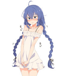  absurdres ahoge armpit_crease blue_eyes blue_hair blush braid breasts dress feet_out_of_frame female flying_sweatdrops frilled_dress frills full-face_blush hair_between_eyes highres interlocked_fingers long_hair looking_at_viewer mushoku_tensei off-shoulder_dress off_shoulder root_(1732050807point) roxy_migurdia shadow simple_background small_breasts solo sweat twin_braids very_long_hair white_background white_dress 