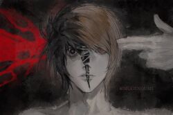  2boys black_background black_eyes black_hair blood brown_hair colored_skin death_note fingers_to_head grey_skin hair_between_eyes highres l_(death_note) male_focus multiple_boys parted_lips red_eyes short_hair swept_bangs twitter_username upper_body yagami_light yoonmiumi 