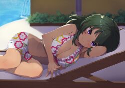  absurdres armpits beach_chair bikini blurry blurry_background blush breasts cleavage commentary_request dark-skinned_female dark_skin feet_out_of_frame female floral_print frilled_bikini frills green_eyes highres idolmaster idolmaster_cinderella_girls knightsaru large_breasts looking_at_viewer lying natalia_(idolmaster) on_side outdoors print_bikini purple_eyes smile solo swimsuit 