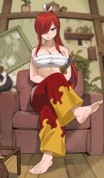  arm_tattoo barefoot breasts brown_eyes chest_sarashi cleavage commentary crossed_legs erza_scarlet fairy_tail feet female gaston18 hair_over_one_eye highres long_hair looking_at_viewer ponytail red_hair sarashi solo sword symbol-only_commentary tattoo weapon 