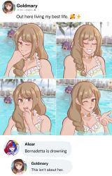  2girls ;) ;o @_@ alear_(female)_(fire_emblem) alear_(female)_(seaside_dragon)_(fire_emblem) alear_(fire_emblem) asphyxiation bernadetta_von_varley bernadetta_von_varley_(summer) bikini black_eyes blowing_kiss braid braided_ponytail breasts brown_hair cleavage closed_eyes crying crying_with_eyes_open drowning english_commentary english_text eyes_in_shadow fire_emblem fire_emblem:_three_houses fire_emblem_engage fire_emblem_heroes goldmary_(fire_emblem) goldmary_(summer)_(fire_emblem) grin hair_over_shoulder highres jewelry large_breasts long_hair looking_at_viewer meme multiple_girls necklace official_alternate_costume one_eye_closed open_mouth out_here_living_my_best_life_(meme) outdoors partially_submerged pool purple_hair rice_(ricedonuts) selfie shell shell_necklace short_hair side_ponytail smile swimsuit tearing_up tears text_messaging w white_bikini 