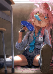  abydos_high_school_swimsuit ahoge blue_archive blue_eyes blue_necktie commentary_request desk female food grey_skirt halo hand_fan heterochromia highres hoshino_(blue_archive) id_card long_hair long_sleeves mouth_hold necktie paper_fan pink_hair pink_halo plaid_clothes plaid_skirt popsicle school_desk shirt skirt solo uchiwa white_shirt yellow_eyes zombie_mogura 