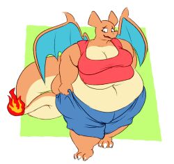  2021 3_toes anthro belly big_belly blue_bottomwear blue_clothing blue_pants blue_wings bottomwear breasts charizard cleavage clothed clothing color_edit colored crop_top dragon feet female front_view generation_1_pokemon green_background huge_belly morbidly_obese morbidly_obese_anthro morbidly_obese_female mythological_creature mythological_scalie mythology navel nintendo obese obese_anthro obese_female orange_body orange_skin overweight overweight_anthro overweight_female pants pokemon pokemon_(species) pulling_up_pants red_clothing red_shirt red_topwear scalie shirt simple_background solo tail tank_top third-party_edit toes topwear valentina_(aimbot-jones) walking wenisberry wings 