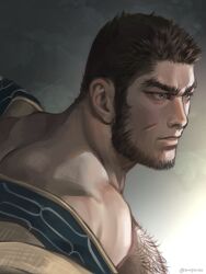  1boy ainu_clothes alternate_eye_color bara bare_shoulders beard_stubble black_hair buzz_cut facial_hair golden_kamuy green_eyes large_pectorals long_sideburns looking_ahead male_focus mature_male muscular muscular_male nopinzo off_shoulder parted_lips pectorals serious short_hair sideburns solo stubble tanigaki_genjirou thick_chest_hair thick_eyebrows undressing very_short_hair 