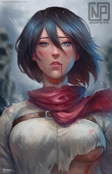  artist_name black_hair blood blood_in_mouth blue_eyes commentary commission crying crying_with_eyes_open deviantart_username english_commentary female highres mikasa_ackerman nopeys outdoors red_scarf scarf shingeki_no_kyojin short_hair signature solo streaming_tears tears teeth torn_clothes web_address 