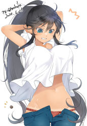  ahoge alternate_eye_color arms_behind_head artist_name bikini_tan black_hair black_serafuku blue_eyes blush breasts casual clenched_teeth collarbone dark-skinned_female dark_skin dated female flying_button fundoshi groin hair_between_eyes hair_ribbon high_ponytail highres homura_(senran_kagura) japanese_clothes kinako_(mzknk0) large_breasts long_hair navel ponytail popped_button red_fundoshi ribbon school_uniform senran_kagura senran_kagura_shoujo-tachi_no_shin&#039;ei serafuku shiny_skin shirt sidelocks signature simple_background solo stomach surprised t-shirt tan tanlines teeth twitter_username very_long_hair wardrobe_malfunction white_background white_ribbon white_shirt 