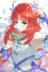  aqua_eyes armpits blue_sleeves commentary_request detached_sleeves dress female flower genshin_impact gradient_sleeves hair_bun hair_flower hair_ornament hand_up highres holding holding_flower jewelry light_blush long_hair looking_at_viewer nilou_(breeze_of_sabaa)_(genshin_impact) nilou_(genshin_impact) official_alternate_costume padisarah_flower parted_bangs purple_flower purple_ribbon red_hair ribbon ring sleeveless sleeveless_dress smelling_flower solo sora_(garakuta_waltz) upper_body very_long_hair white_dress white_sleeves white_veil 