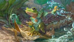  amphibian andrea_piparo anthro bubble elemental_manipulation female frog green_body green_skin hasbro helga_(bloomburrow) leaf leaf_clothing log magic:_the_gathering narrowed_eyes open_book solo water water_manipulation wizards_of_the_coast wood 