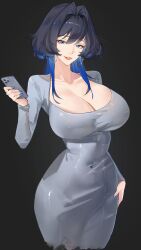  absurdres alternate_costume black_background black_hair blue_eyes blue_hair blue_nails blush breasts cellphone cleavage covered_navel dongtan_dress dress earrings female grey_dress highres holding holding_phone holocouncil hololive hololive_english jewelry large_breasts long_hair long_sleeves looking_at_viewer meme_attire multicolored_hair ouro_kronii phone quezsparta short_hair simple_background smartphone smile solo virtual_youtuber 