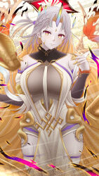  amezuku bare_shoulders breasts colored_inner_hair expressionless female fire_emblem fire_emblem_heroes gold_trim gradient_hair grey_hair gullveig_(fire_emblem) gullveig_(seer_beyond_time)_(fire_emblem) highres horns large_breasts leotard leotard_under_clothes long_hair multicolored_hair official_alternate_costume orange_hair single_horn snake snake_hair solo thighs two-tone_hair 