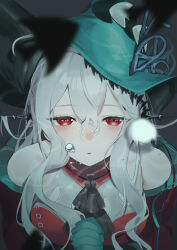  absurdres air_bubble aqua_hat arknights ascot bare_shoulders black_ascot bubble dress female grey_hair hair_between_eyes half-closed_eyes hat highres interlocked_fingers long_hair looking_at_viewer looking_up own_hands_together parted_lips red_dress red_eyes skadi_(arknights) skadi_the_corrupting_heart_(arknights) sleeveless sleeveless_dress solo underwater upper_body uta_(xuyansong1996) 