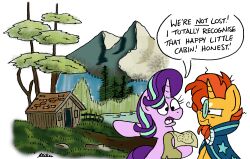  bobthedalek cabin equestria_girls equid equine eyewear facial_hair female feral friendship_is_magic gesture glasses hair hand_gesture hasbro hi_res horn male mammal my_little_pony mythological_creature mythological_equine mythology orange_hair plant pointing purple_hair quadruped sunburst_(mlp) sunset_shimmer_(eg) tree unicorn 