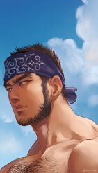  1boy ainu_clothes bara beard_stubble black_hair buzz_cut cloud cloudy_sky facial_hair golden_kamuy lips long_sideburns looking_ahead male_focus mature_male muscular muscular_male nopinzo nude portrait short_hair sideburns sky smile solo stubble tanigaki_genjirou thick_chest_hair thick_eyebrows very_short_hair 