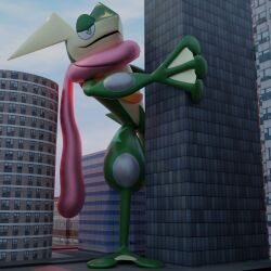  3d_(artwork) amphibian anthro big_(disambiguation) body_size_growth city city_background destroying difference digital_media_(artwork) extreme_size_difference frog froggy generation_6_pokemon gigantic gren grenerous greninja growth hi_res hiding huge macro macro_anthro macro_focus nintendo outside pokemon pokemon_(species) scared sfw size size_difference size_transformation transformation 