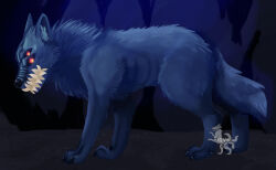  2023 3_toes black_claws black_nose black_sclera canid canine canis cave cave_background cavern claws colored dirt eldritch_abomination eye_scar facial_scar fear_and_hunger feet female feral fluffy fur genitals grey_body grey_fur inner_ear_fluff innie_pussy looking_at_viewer mammal moonless paws pussy quadruped red_eyes scar shaded solo standing tail teeth toes tuft undercoverdove watermark white_inner_ear_fluff wolf yellow_teeth 