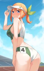  adjusting_clothes adjusting_headwear ass blue_eyes blue_sky blush breasts buruma commentary_request female go-toubun_no_hanayome green_ribbons green_sports_bra hair_between_eyes hair_ribbon hat highres looking_at_viewer looking_back medium_breasts medium_hair nakano_yotsuba nape orange_hair profnote ribbon sidelocks sky solo sports_bikini sports_bra sweat track_and_field two-tone_sports_bra visor_cap white_hat white_sports_bra 