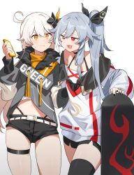  2girls absurdres ahoge arm_up bare_shoulders black_nails black_shorts black_thighhighs blush bow cellphone closed_mouth couple fu_hua fu_hua_(herrscher_of_sentience) fur_trim gradient_background grey_background grey_hair hair_between_eyes hair_down hair_ornament hair_over_shoulder hairbow high_ponytail highres holding holding_phone honkai_(series) honkai_impact_3rd hood hoodie kiana_kaslana kiana_kaslana_(herrscher_of_the_void) light_blush long_hair long_sleeves looking_at_another looking_to_the_side mengaijiang924 multicolored_background multiple_girls navel off_shoulder open_mouth orange_eyes phone ponytail red_eyes short_shorts shorts simple_background skateboard standing stomach sweatdrop thick_thighs thigh_strap thighhighs thighs white_background white_hair yuri 