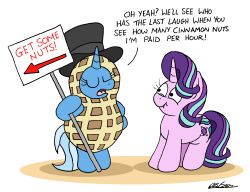  bobthedalek clothing equid equine female feral food friendship_is_magic fruit hasbro hat headgear headwear hi_res horn legume mammal my_little_pony mythological_creature mythological_equine mythology peanut_(food) peanut_costume plant quadruped sign starlight_glimmer_(mlp) top_hat trixie_(mlp) unicorn 