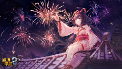  architecture asymmetrical_legwear bare_shoulders benghuai_xueyuan black_hair blue_eyes copyright_name detached_sleeves east_asian_architecture facial_mark female fireworks fox_hair_ornament hair_ornament hairclip highres holding honkai_(series) japanese_clothes logo long_hair night official_art on_roof parted_lips rooftop second-party_source shion_(benghuai_xueyuan) sitting solo uneven_legwear 