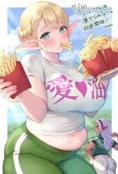  aqua_eyes blonde_hair blue_sky blush breasts cowboy_shot elf-san_wa_yaserarenai. elfuda_(elf-san_wa_yaserarenai.) food food_in_mouth food_on_face french_fries hi-na1 highres huge_breasts kuroeda_(elf-san_wa_yaserarenai.) looking_at_viewer navel plump pointy_ears second-party_source sky thick_thighs thighs 