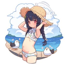  bikini bird black_hair blue_archive blush braid cloud expressionless female flat_chest halo hat heart horizon leaf_print long_hair looking_at_viewer miyu_(blue_archive) miyu_(swimsuit)_(blue_archive) navel ocean onyhakase print_bikini red_eyes seagull sky solo straw_hat swimsuit twin_braids water 