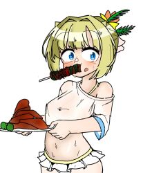  bikini blonde_hair blue_eyes blush breasts broccoli brown_dust_2 eating eyebrows_hidden_by_hair feet_out_of_frame female food food_on_face frilled_bikini frills hair_ornament highres holding holding_plate jiboong0322 justia_(brown_dust) justia_(pool_party)_(brown_dust) looking_at_viewer medium_breasts navel plate shirt simple_background skewer small_horns solo stomach surprised sweat swimsuit white_background white_bikini white_shirt 