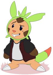  2016 aliasing alpha_channel ambiguous_gender anthro black_eyes bottomless brown_body brown_eyebrows brown_fur buckteeth chespin chespin_blue clothed clothing digital_drawing_(artwork) digital_media_(artwork) eyebrows featureless_crotch flat_colors full-length_portrait fur generation_6_pokemon green_body grey_clothing grey_shirt grey_topwear grin handpaw head_tuft hoodie microsoft_paint_(artwork) nintendo orange_nose paws plantigrade pokemon pokemon_(species) portrait raised_eyebrow sebdoggo semi-anthro shirt simple_background smile solo tail teeth topwear transparent_background tuft 