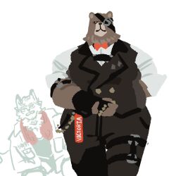  alternate_costume anthro bear ben_bigger bow_tie brown_body brown_fur burrrnt butler canid canine canis chibi clothing clothing_swap duo eye_patch eyewear fingerless_gloves fur gloves handwear hi_res male mammal mihoyo overweight suit topwear vest von_lycaon wolf zenless_zone_zero 