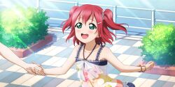  absurdres bare_shoulders bracelet collarbone female game_cg green_eyes hair_ornament hairpin highres holding_hands jewelry kurosawa_ruby love_live! love_live!_school_idol_festival_all_stars love_live!_sunshine!! official_art open_mouth red_hair 