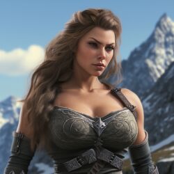  3d 3d_artwork ai_generated armor big_lips blonde_hair_female blonde_haired_female blue_eyes cleavage exposed_midriff exposed_shoulders eyebrows female_focus large_breasts light-skin light-skinned_female long_hair majorfluffy midriff narrow_waist nord skyrim solo solo_female tagme 