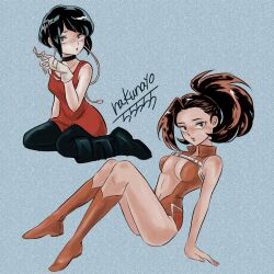  2girls arm_support artist_name audio_jack bare_shoulders black_choker black_footwear black_hair black_pants blue_background bob_cut boku_no_hero_academia boots breasts brown_eyes brown_footwear brown_hair brown_leotard center_opening chest_harness choker cleavage collarbone combat_boots commentary fingerless_gloves full_body gloves grey_eyes hair_pulled_back hand_up harness highres inverted_bob jirou_kyouka knee_boots knees_up leotard long_earlobes long_hair looking_at_viewer looking_to_the_side medium_breasts multiple_girls nakunayo55555 navel on_ground pants parody parted_lips pink_background plunging_neckline ponytail popped_collar pursed_lips red_tank_top short_hair sidelocks signature sitting sleeveless_leotard string_around_finger style_parody superhero_costume takahashi_rumiko_(style) tank_top wariza white_gloves yaoyorozu_momo 