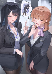  2girls ascot black_hair black_skirt blazer blue_hair blush breasts brown_eyes brown_hair carrying cleavage closed_eyes collarbone collared_shirt cowboy_shot dark_blue_hair from_above highres id_card jacket lanyard laughing long_hair long_sleeves looking_at_another multiple_girls office_lady open_mouth original pantyhose partially_unbuttoned pencil_skirt piggyback shirt shougun_(chuckni1) skirt smile speech_bubble 