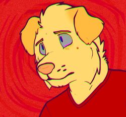  2016 adobe_photoshop_(artwork) anthro blue_(sebdoggo) blue_eyes brown_eyebrows bust_portrait canid canine canis chromatic_aberration clothed clothing digital_drawing_(artwork) digital_media_(artwork) domestic_dog eyebrows flat_colors floppy_ears frown fur grey_sclera male mammal pink_nose portrait red_background red_clothing red_shirt red_topwear sebdoggo shirt simple_background snout solo topwear trans_(lore) trans_man_(lore) whisker_spots yellow_body yellow_fur 