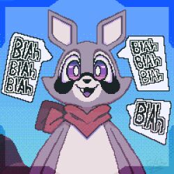  1:1 ambiguous_gender animated anthro biped black_body black_nose blah_blah_blah blue_background cute_fangs dialogue front_view fur grey_body grey_fur grimbogrim indigo_park looking_at_viewer mammal multicolored_body open_mouth open_smile procyonid purple_eyes raccoon rambley_raccoon simple_background smile solo speech_bubble 