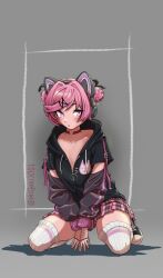  alternate_hairstyle animal_ear_headphones animal_ears animal_print artist_name between_legs black_footwear black_hoodie black_ribbon black_skirt blush border breasts cat_ear_headphones cat_print choker closed_mouth collarbone commentary detached_sleeves doki_doki_literature_club dot_mouth double_bun drawstring english_commentary fake_animal_ears female fishnet_sleeves fishnets full_body goth_fashion grey_background hair_bun hair_ornament hair_ribbon hair_up hand_between_legs headphones heart heart_choker highres hood hood_down hoodie jason_viera jewelry kneeling looking_at_viewer natsuki_(doki_doki_literature_club) no_bra no_shirt outdoors own_hands_together partially_unzipped pink_choker pink_eyes pink_hair pink_skirt pink_straps pink_thighhighs plaid_clothes plaid_skirt pleated_skirt purple_sleeves ribbed_socks ribbon ring shadow shoes short_hair short_sleeves signature single_horizontal_stripe skirt small_breasts sneakers solo strap swept_bangs thighhighs twitter_username two-tone_skirt v_arms white_border white_thighhighs x_hair_ornament zettai_ryouiki zipper_pull_tab 