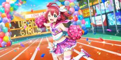  absurdres cheerleader female game_cg green_eyes hair_ribbon headset highres kurosawa_ruby love_live! love_live!_school_idol_festival_all_stars love_live!_sunshine!! navel official_art one_eye_closed open_mouth pink_skirt pom_pom_(cheerleading) red_hair ribbon roller_skates skates skirt zettai_ryouiki 