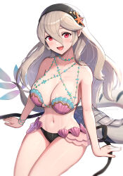  :d absurdres arm_support artist_name black_hairband breasts commentary_request corrin_(female)_(fire_emblem) corrin_(fire_emblem) female fire_emblem fire_emblem_cipher fire_emblem_fates gonzarez grey_hair hair_between_eyes hairband highres large_breasts long_hair looking_at_viewer navel open_mouth red_eyes shell shell_bikini simple_background sitting smile solo tail white_background 