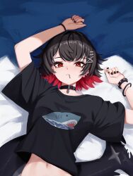  absurdres bed bed_sheet black_hair black_nails black_shirt blush candy choker ellen_joe female fins fish_tail food highres lollipop looking_at_viewer midriff multicolored_hair navel_piercing piercing red_eyes red_hair shark_tail shirt short_hair spiked_wristband t-shirt tail two-tone_hair wristband yan_kodiac zenless_zone_zero 