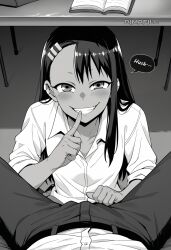  ai-generated classroom dark-skinned_female dark_skin desk dimafill earclip fellatio hair_ornament hairclip highres ijiranaide_nagatoro-san kneeling nagatoro_hayase oral school school_desk school_uniform sex stealth_sex under_the_table 